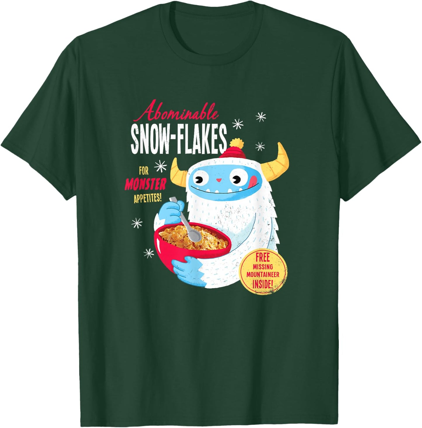 Yeti Cereal: Abominable Snowflakes- Official DinoMike Design T-Shirt - T-Shirt | Forest