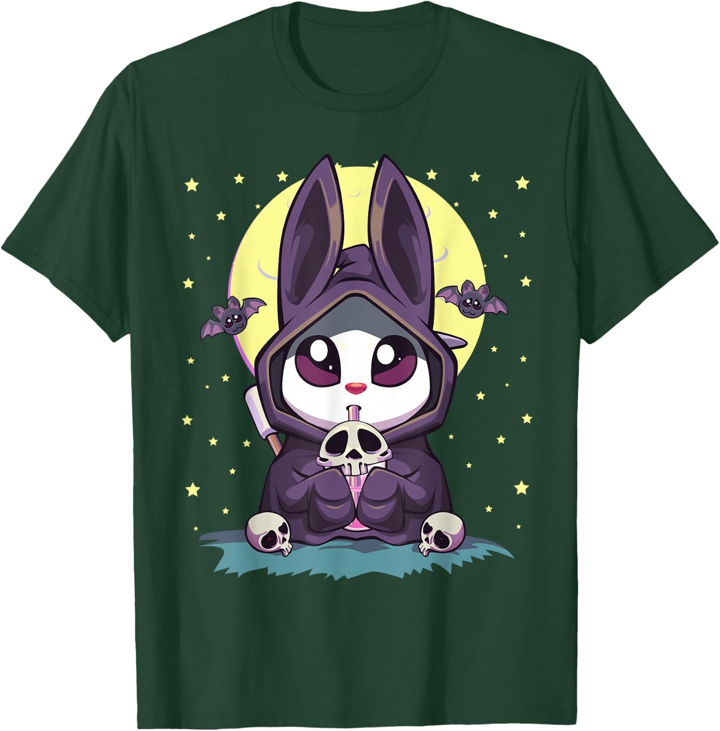 Pastel Goth Kawaii Anime Moon Bunny Reaper With Boba Tea T-Shirt - T-Shirt | Forest