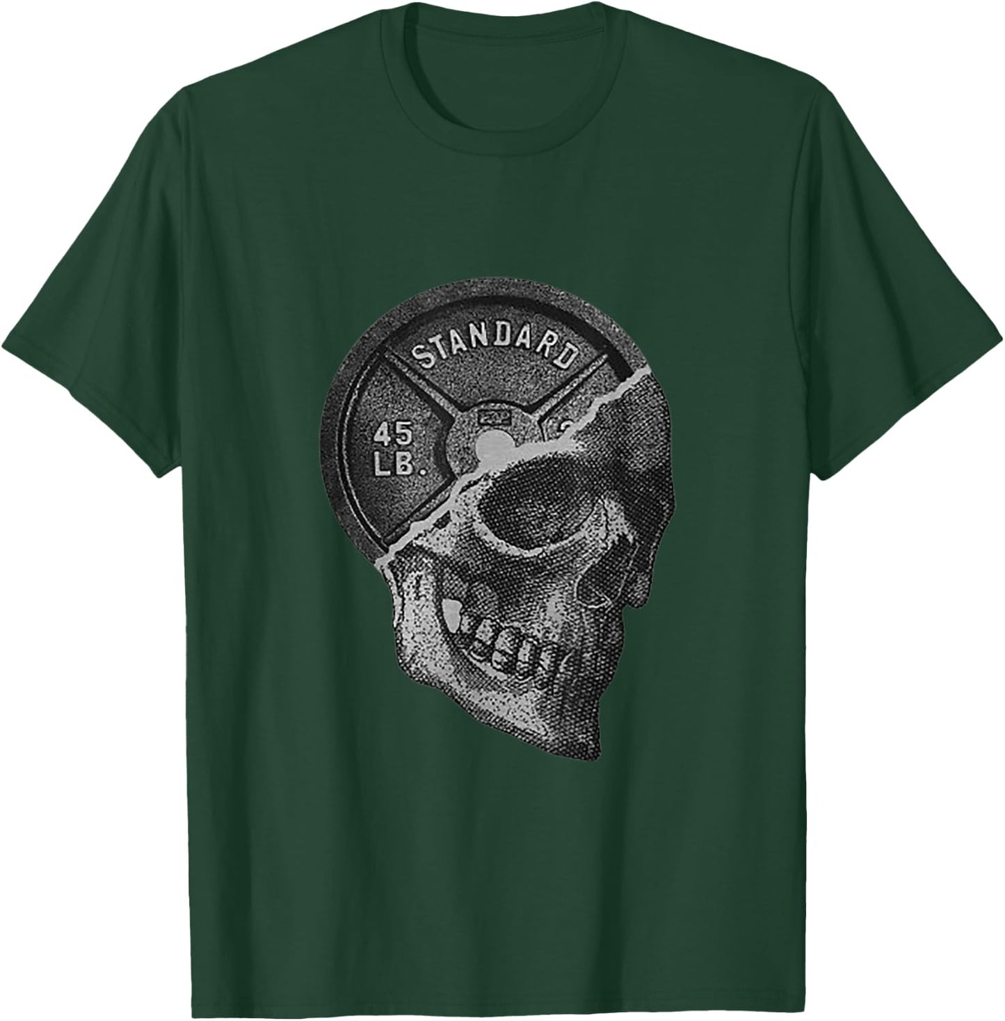 Skull & 45 lbs Plate Weight Lifting Graphic Gym Working Out T-Shirt - T-Shirt | Forest