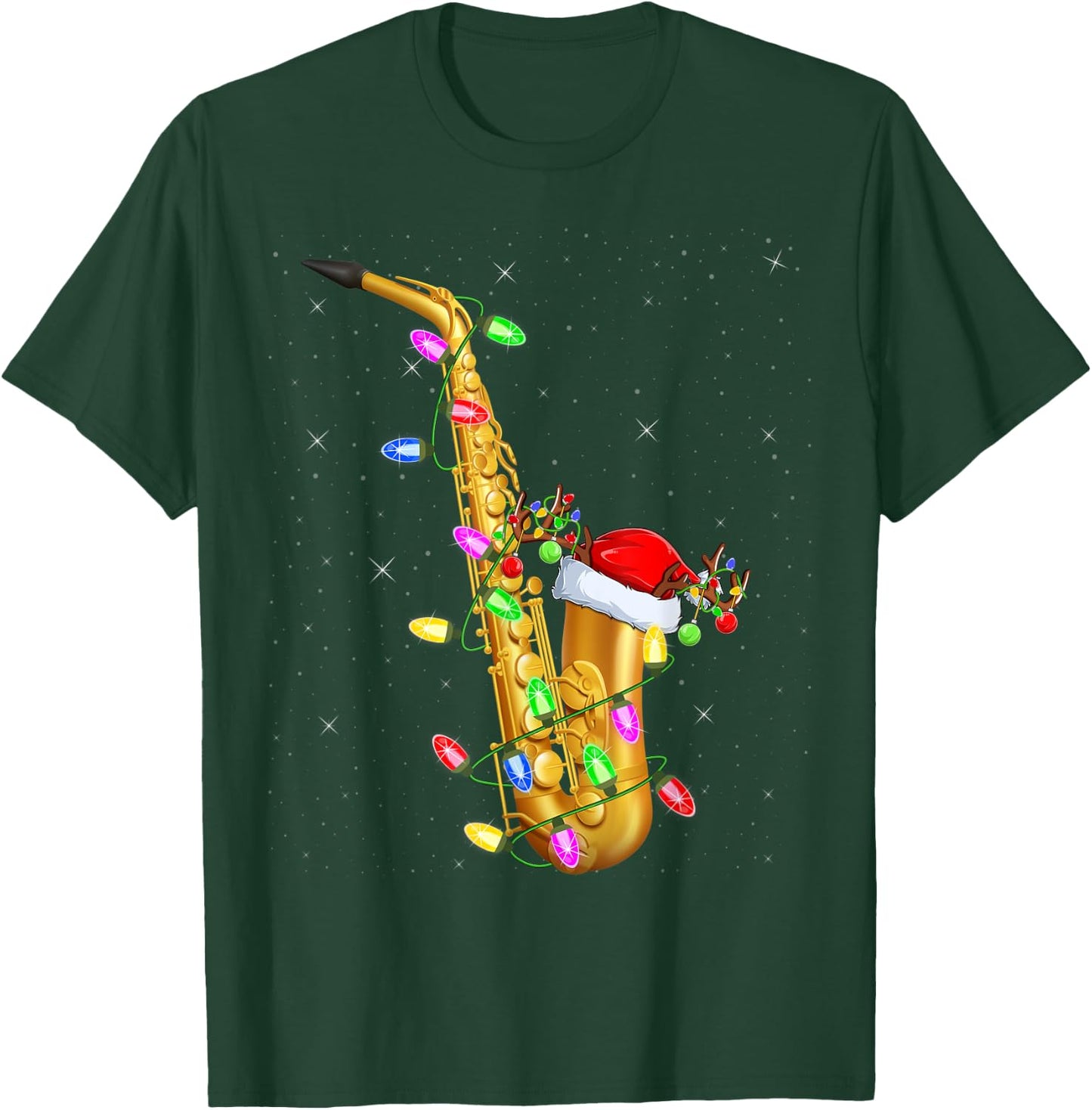 Saxophone Music Lover Xmas Lights Santa Saxophone Christmas T-Shirt - T-Shirt | Forest