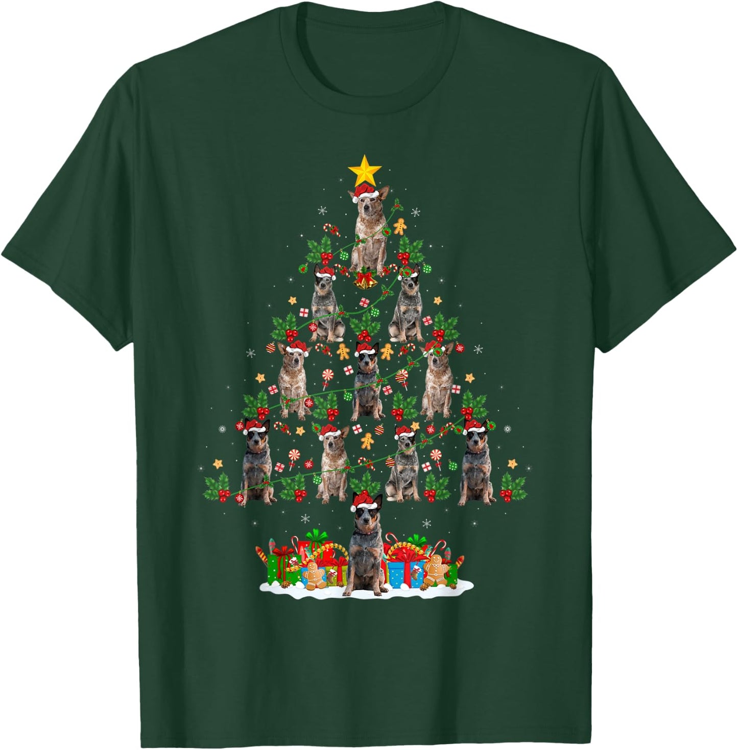 Xmas Lights Santa Australian Cattle Dog Christmas Tree T-Shirt - T-Shirt | Forest