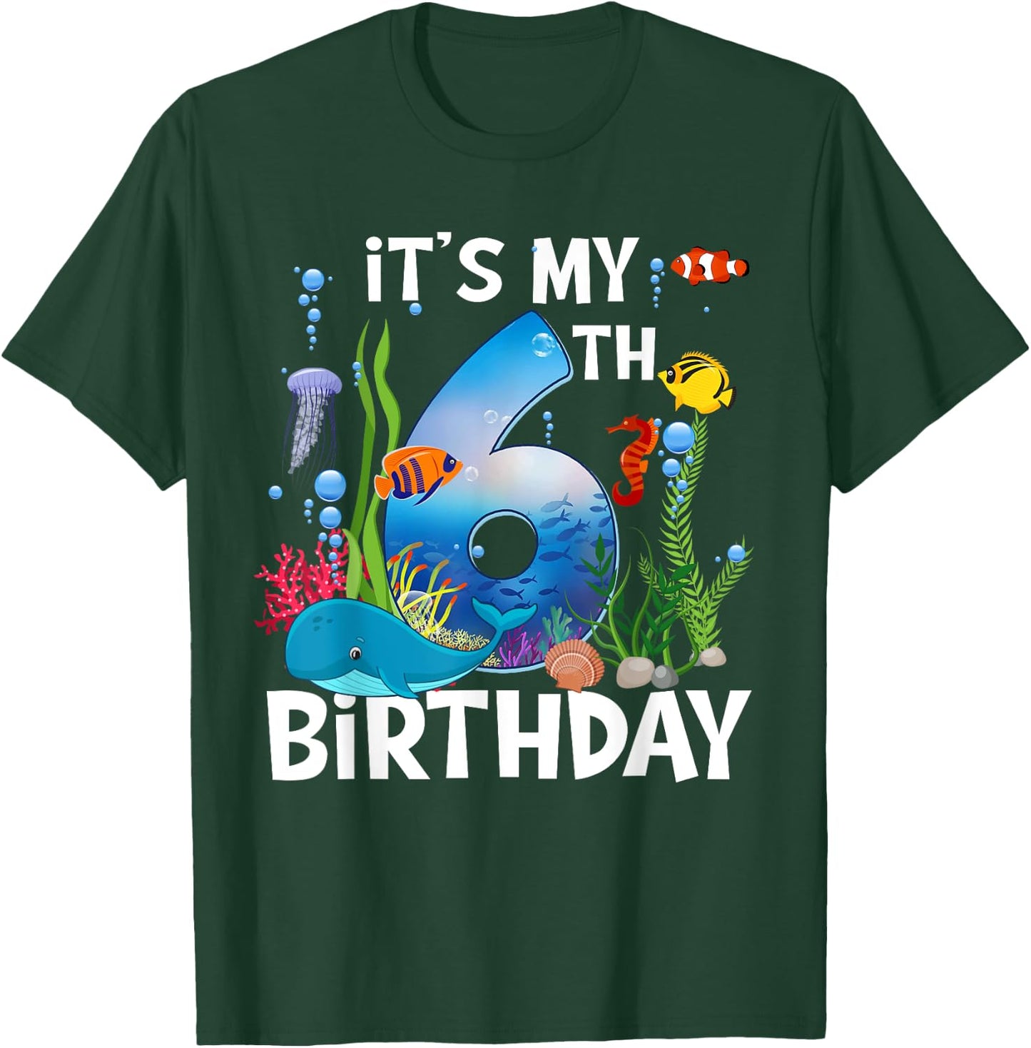Kids 6 Year Old Ocean Life Whale Dolphin Shark 6th Birthday T-Shirt - T-Shirt | Forest