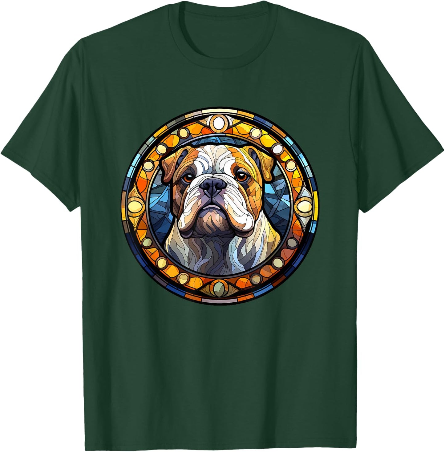 Bulldog Stained Glass Leadlight Artistic Design T-Shirt - T-Shirt | Forest