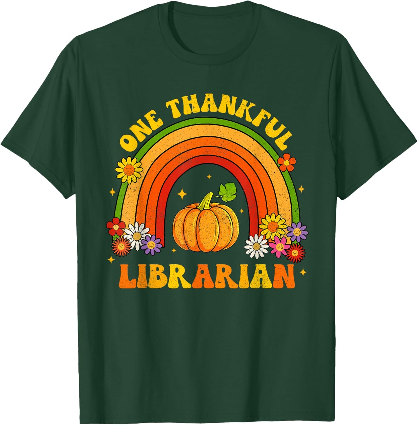 Retro One Thankful Librarian Groovy Rainbow Thanksgiving T-Shirt - T-Shirt | Forest