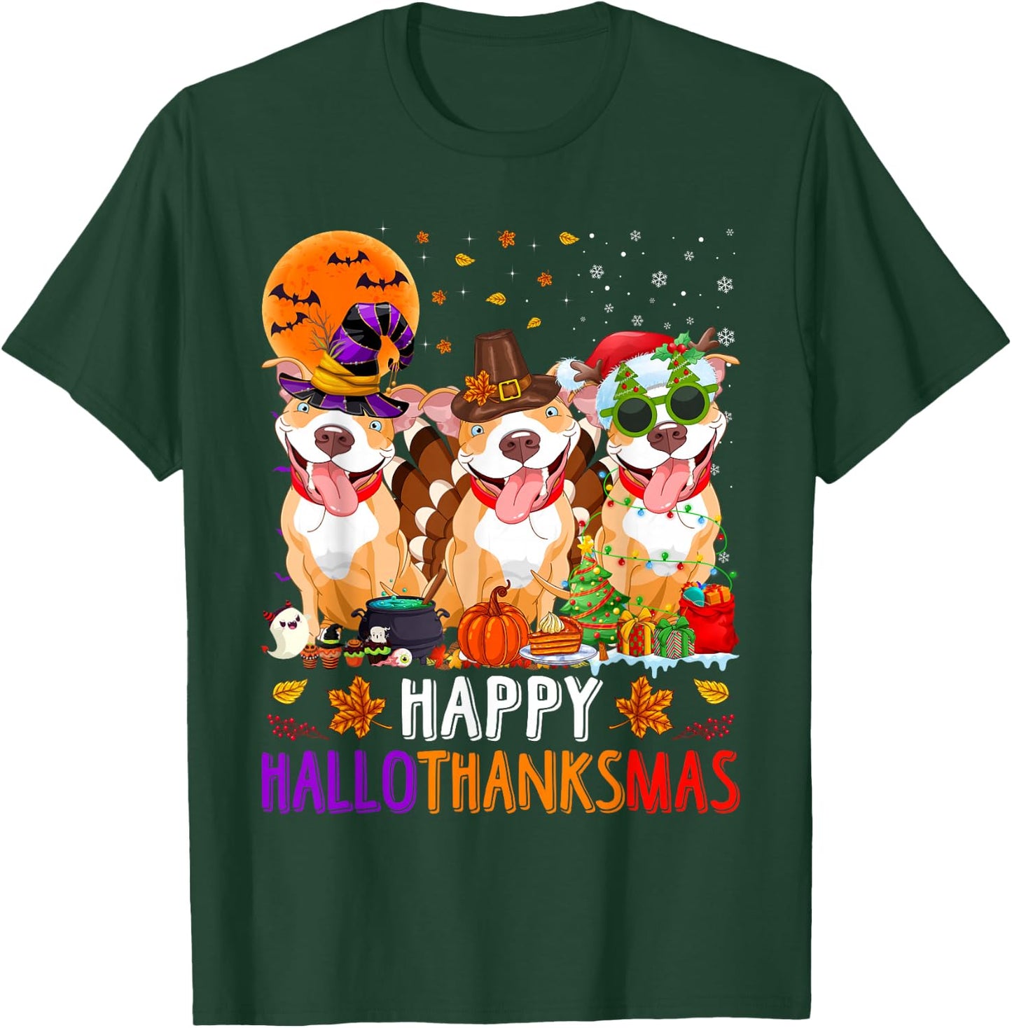 Happy Hallothanksmas Pitbull Dog Halloween Christmas T-Shirt - T-Shirt | Forest