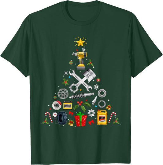 Mechanic Christmas Ornament Tree In Garage Car Mechanic 2025 T-Shirt - T-Shirt | Forest