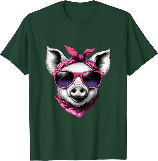 Pig Wearing A Pink Bandana Headband And Sunglasses T-Shirt - T-Shirt | Forest
