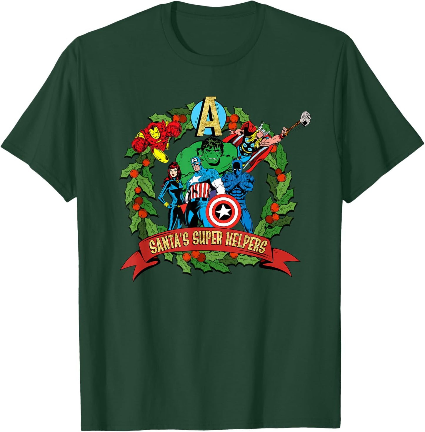 Marvel Avengers Santa’s Super Helpers Wreath Retro Holiday T-Shirt - T-Shirt | Forest