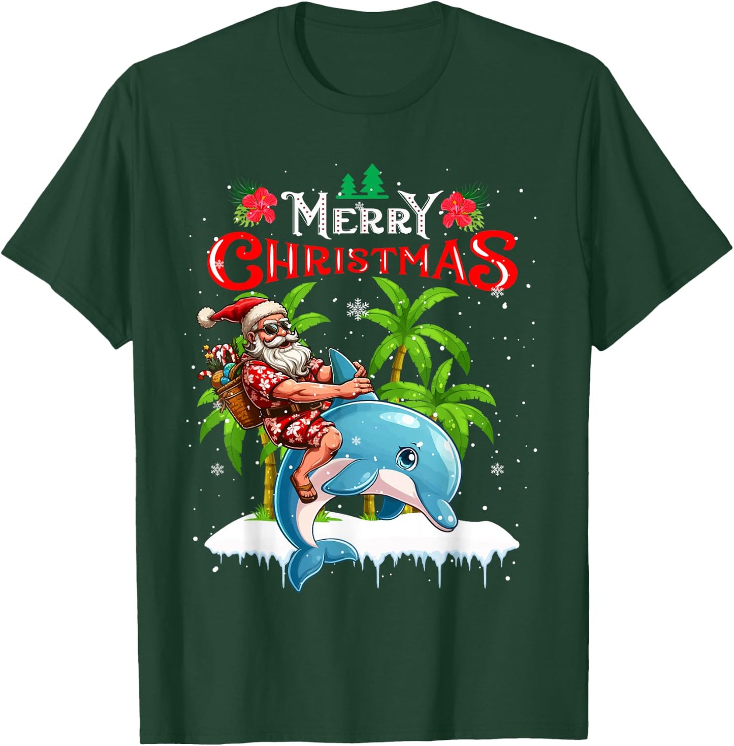 Merry Christmas Hawaiian Santa Sunglasses Riding Dolphin T-Shirt - T-Shirt | Forest