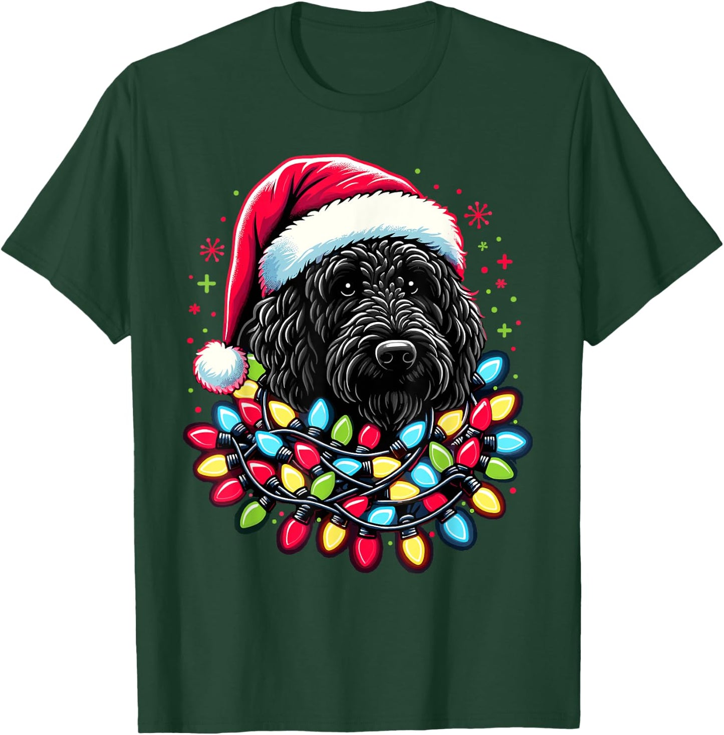 Black Labradoodle Christmas Tree Xmas Lights Doodle Dog T-Shirt - T-Shirt | Forest