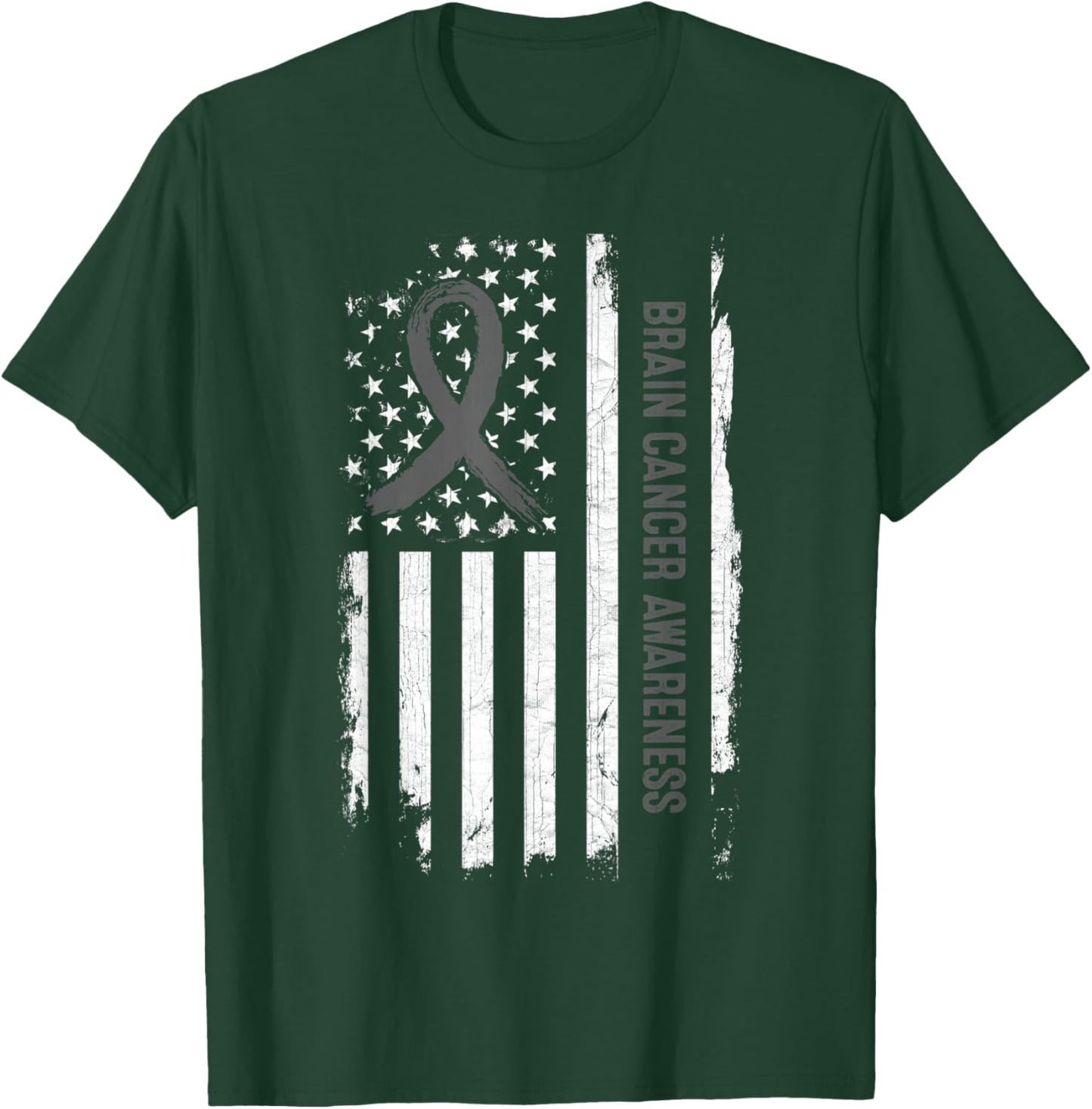 Brain Cancer Awareness American Flag - Gray Ribbon T-Shirt - T-Shirt | Forest