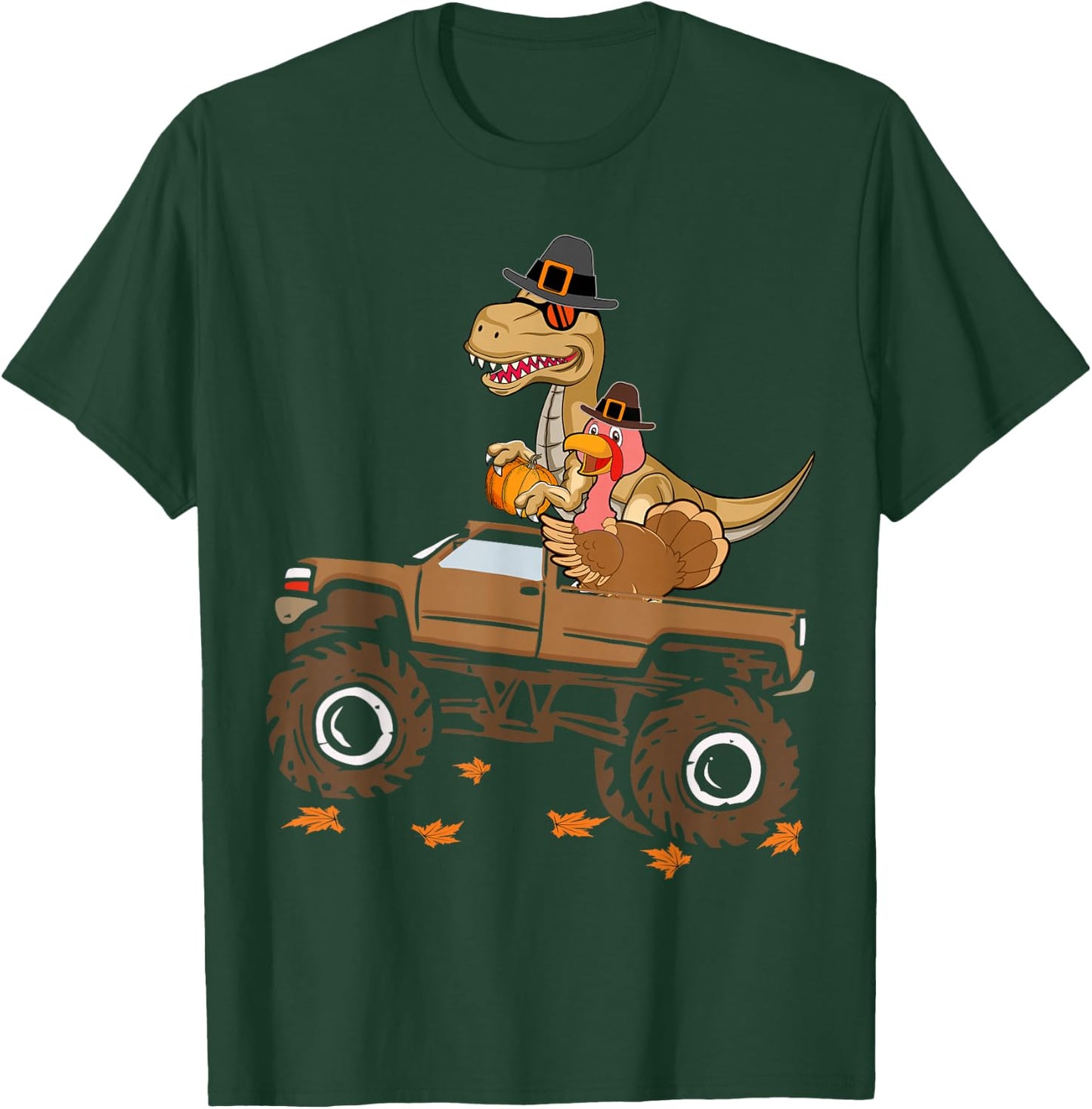 Happy Thanksgiving dinosaur Turkey Riding truck kids boys T-Shirt - T-Shirt | Forest