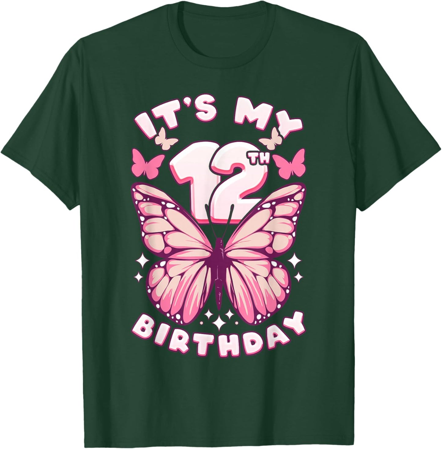 12th Birthday Girl 12 Years Old Butterflies Number 12 T-Shirt - T-Shirt | Forest