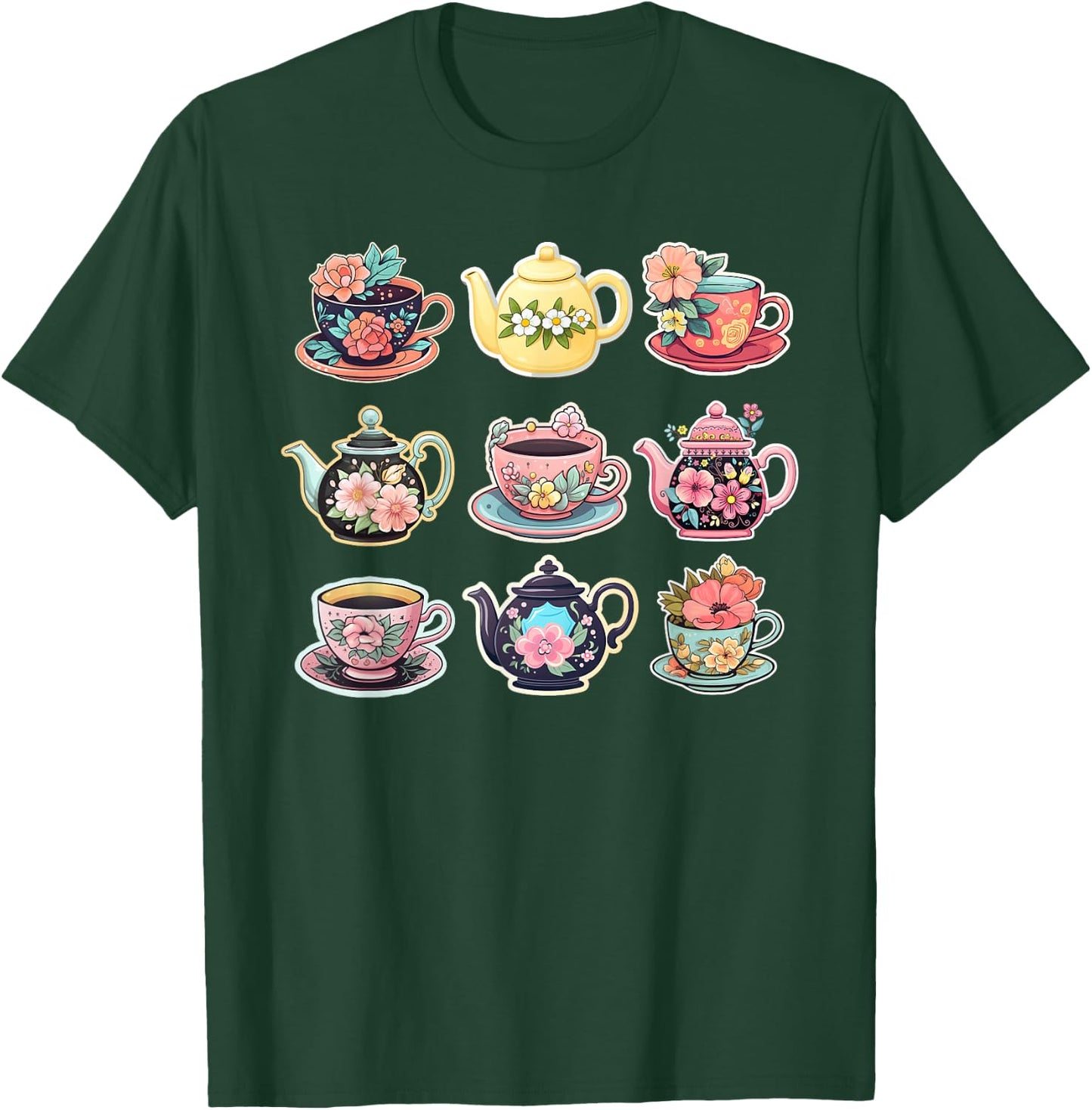 Teapot and Tea Cups With Flowers T-Shirt - T-Shirt | Forest