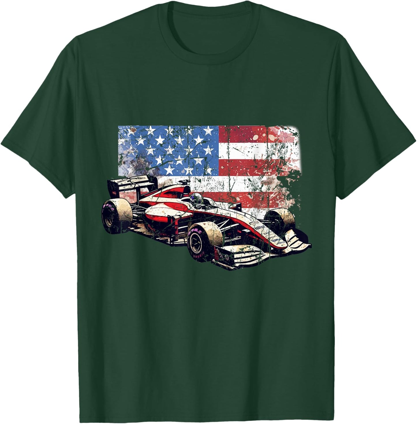 Vintage Auto Racing Car American Flag 4th of July, Auto Race T-Shirt - T-Shirt | Forest