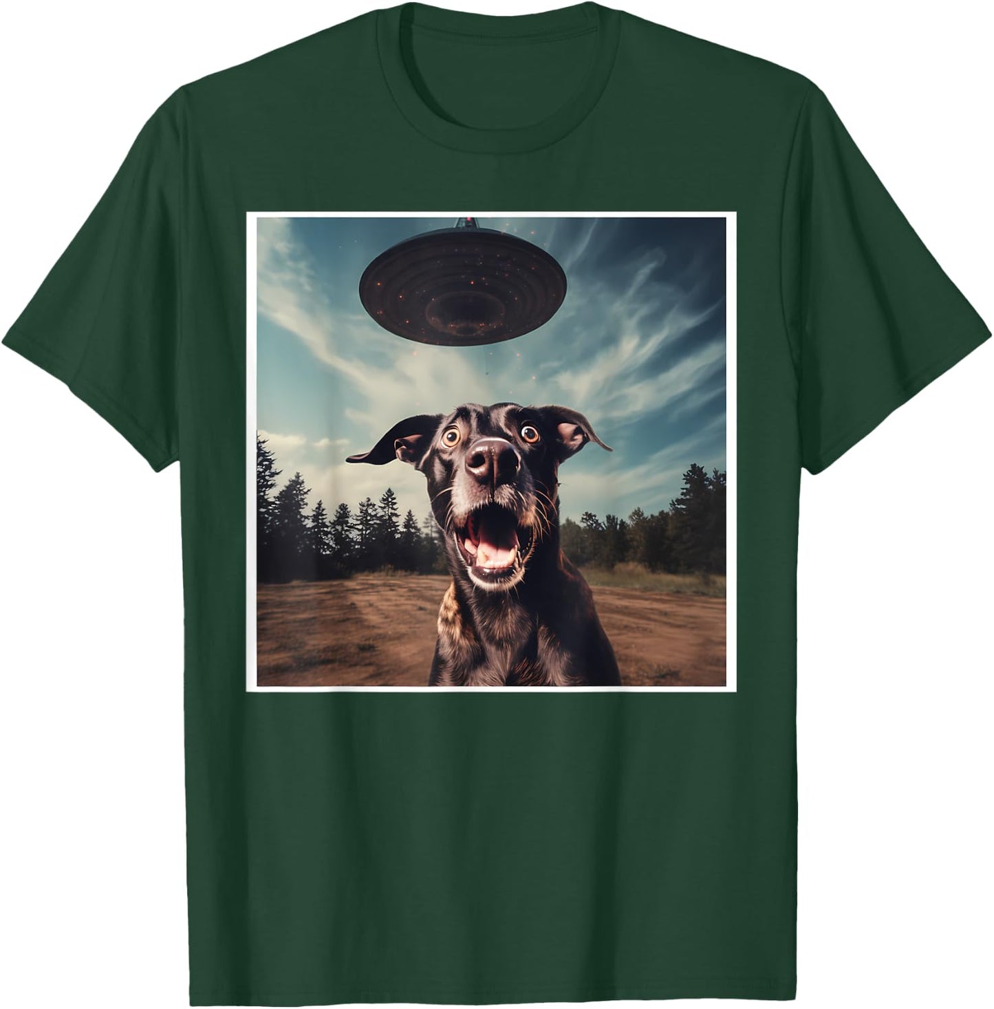 Dog Selfie with UFOs Alien Extraterrestrial UFO Believer Men Women T-Shirt - T-Shirt | Forest