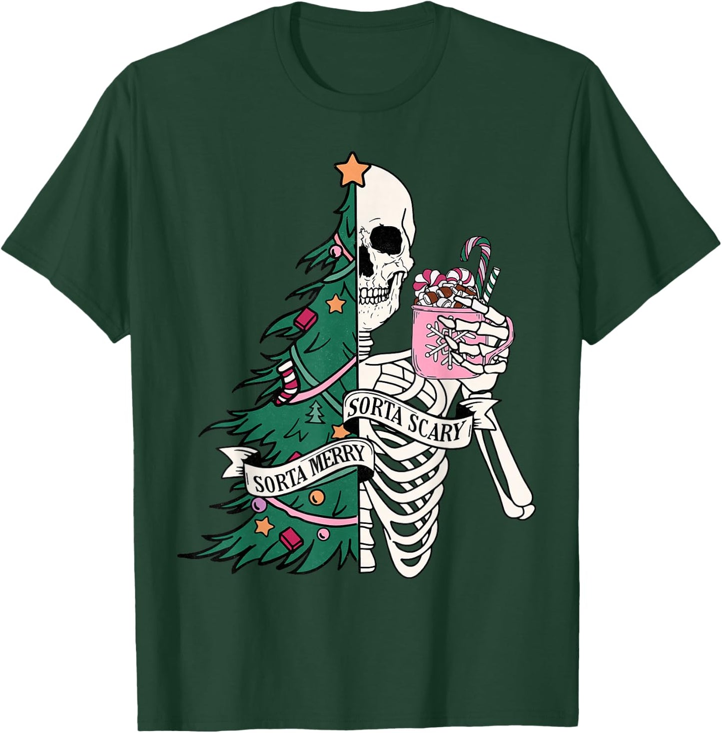 Funny Christmas Sorta Merry Sorta Scary Skeleton Xmas Tree T-Shirt - T-Shirt | Forest