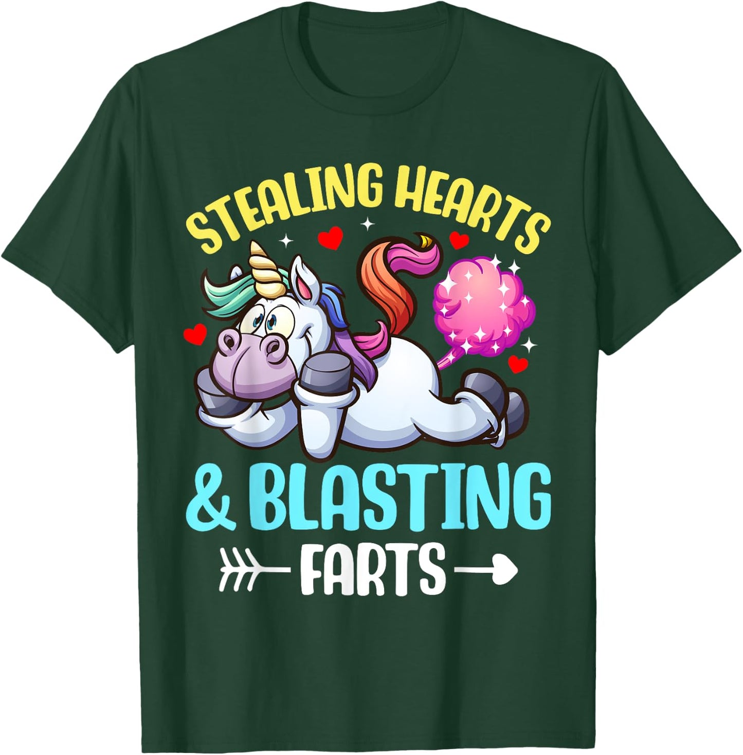 Stealing Hearts And Blasting Farts Fantasy Unicorn Gag T-Shirt - T-Shirt | Forest