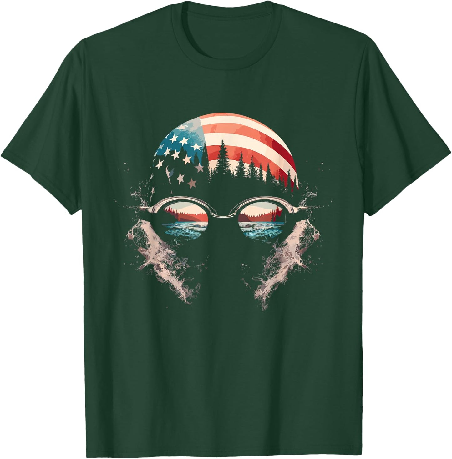 Swimmer American Flag - Patriotic USA Swim Team Swimming T-Shirt - T-Shirt | Forest