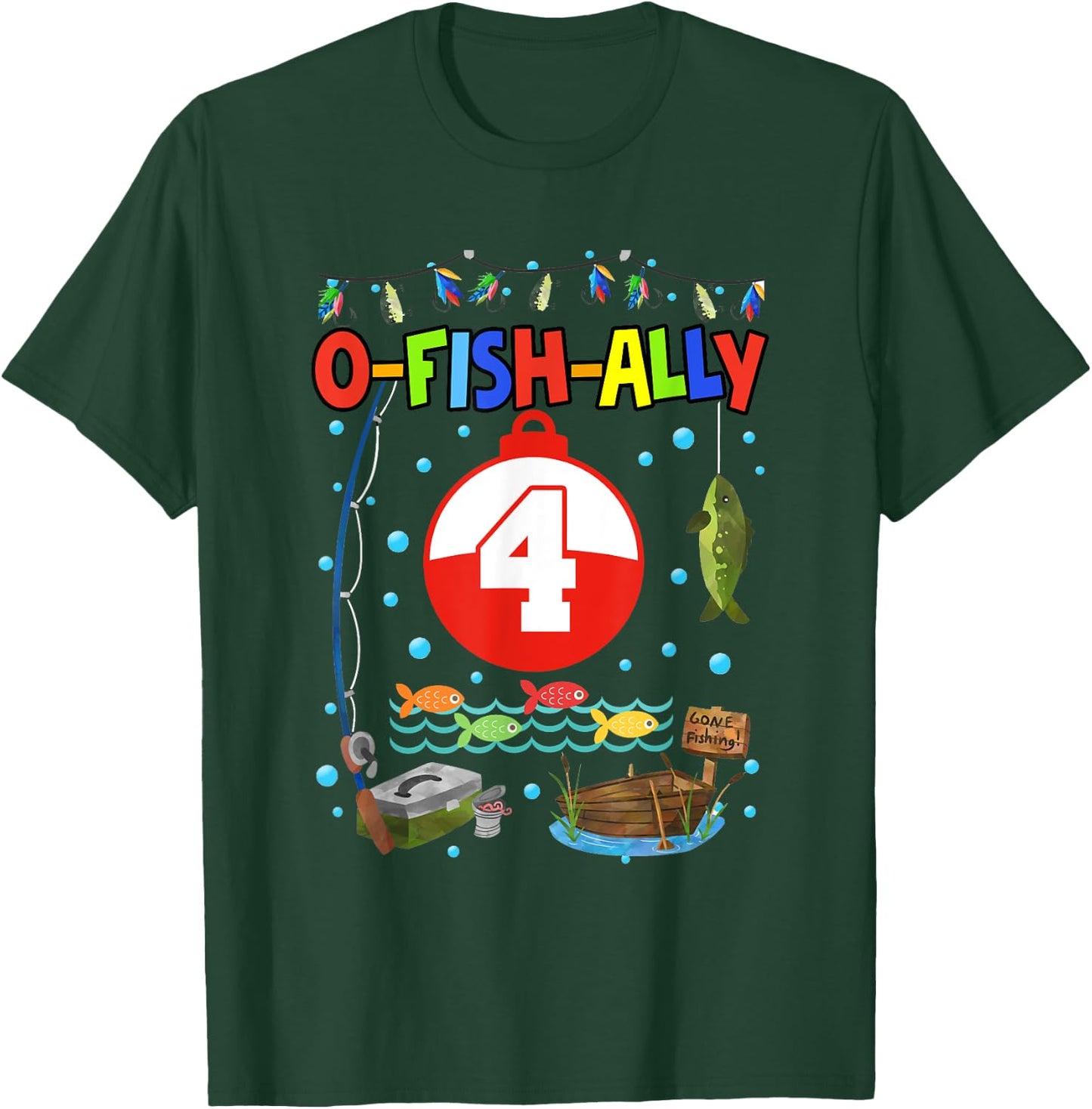 4 Year Old Fishing 4th Birthday Boy Bday Party Decorations T-Shirt - T-Shirt | Forest