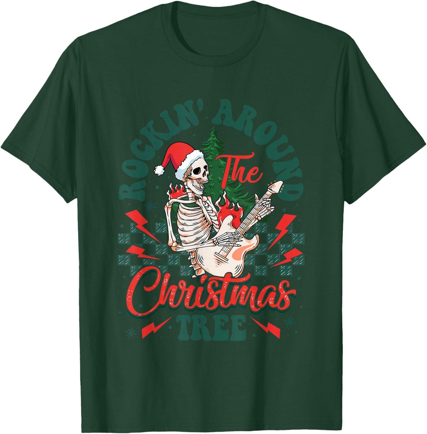 Retro Rockin Around The Christmas Tree Skeleton Plays Guitar T-Shirt - T-Shirt | Forest