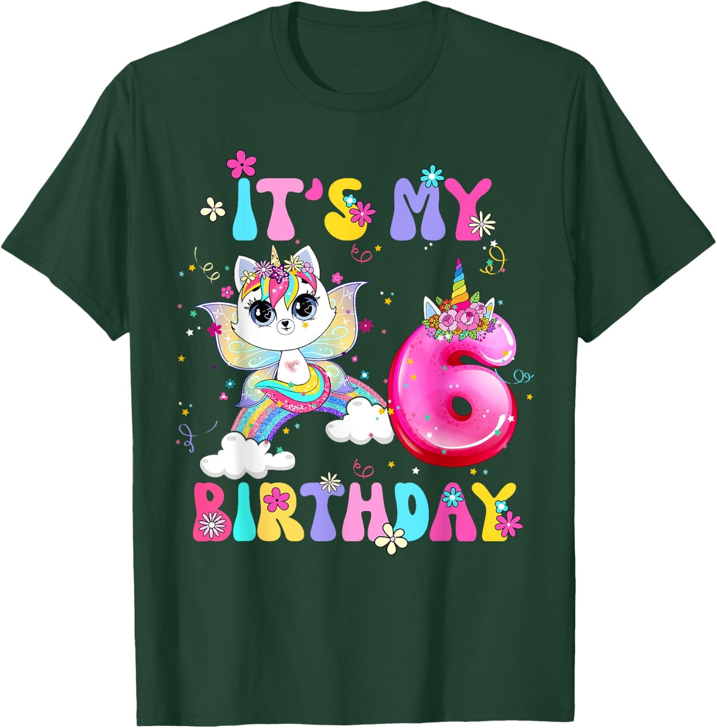 Kids 6th Birthday Cat Unicorn 6 Years Old Rainbow Girl Teens T-Shirt - T-Shirt | Forest