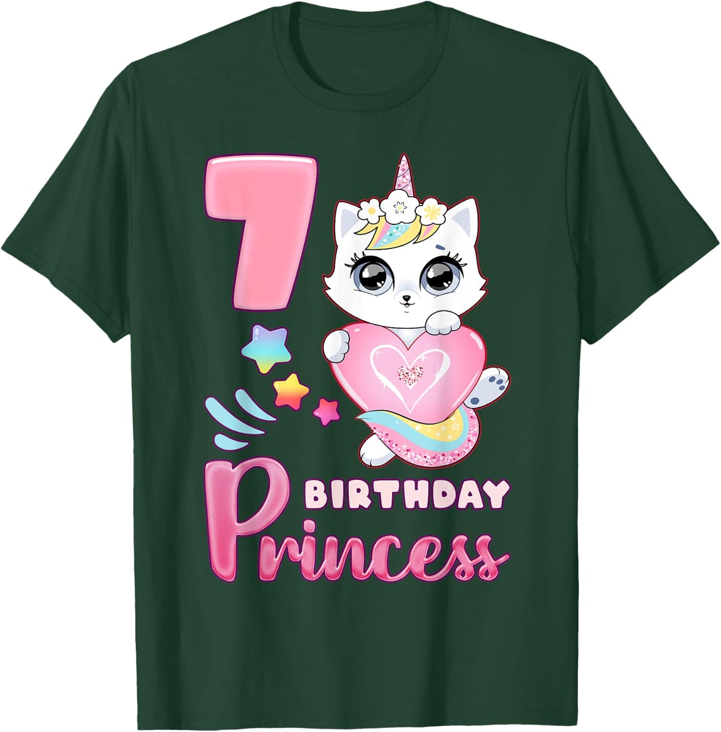 Girl, 7th birthday, unicorn cat, number 7 T-Shirt - T-Shirt | Forest