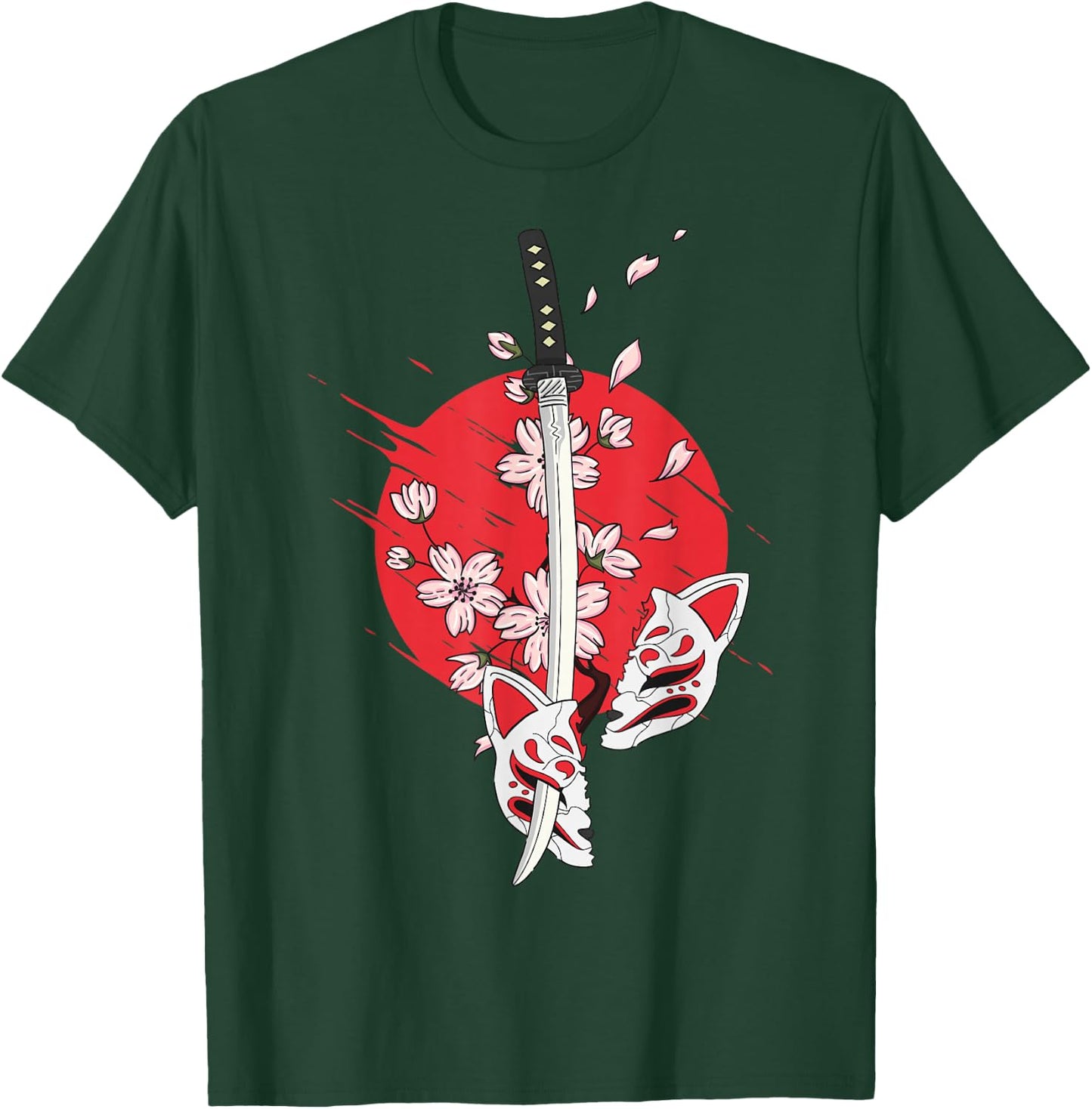 Kitsune Mask Nine-Tailed Cherry Blossom Flowers Katana T-Shirt - T-Shirt | Forest