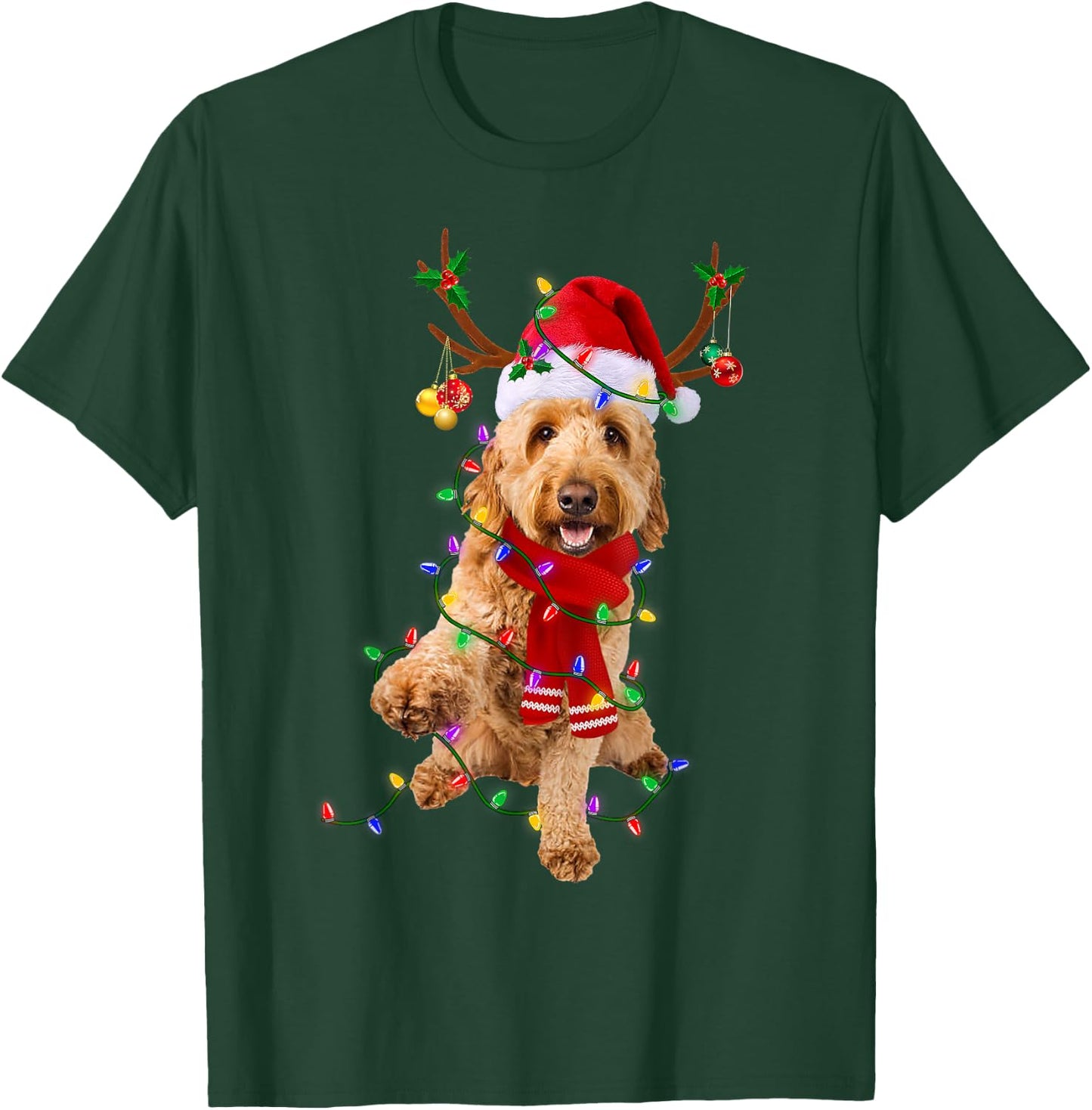 Funny Goldendoodle Dog Tree Christmas Lights Pajama Men Women Kids T-Shirt - T-Shirt | Forest