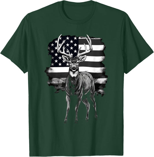 Whitetail Buck Deer Hunting US Flag Patriotic Hunter Women Men T-Shirt - T-Shirt | Forest