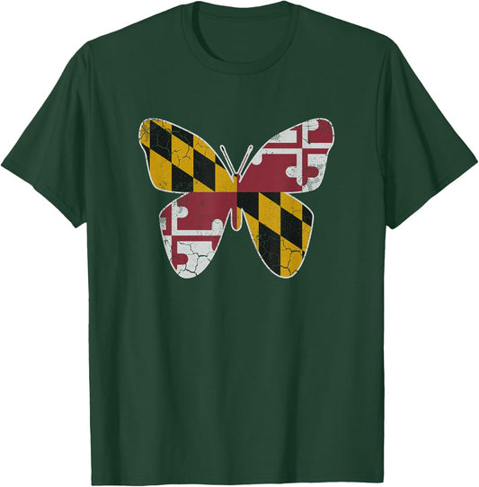 Maryland Flag Butterfly Home State Vintage Distressed T-Shirt - T-Shirt | Forest