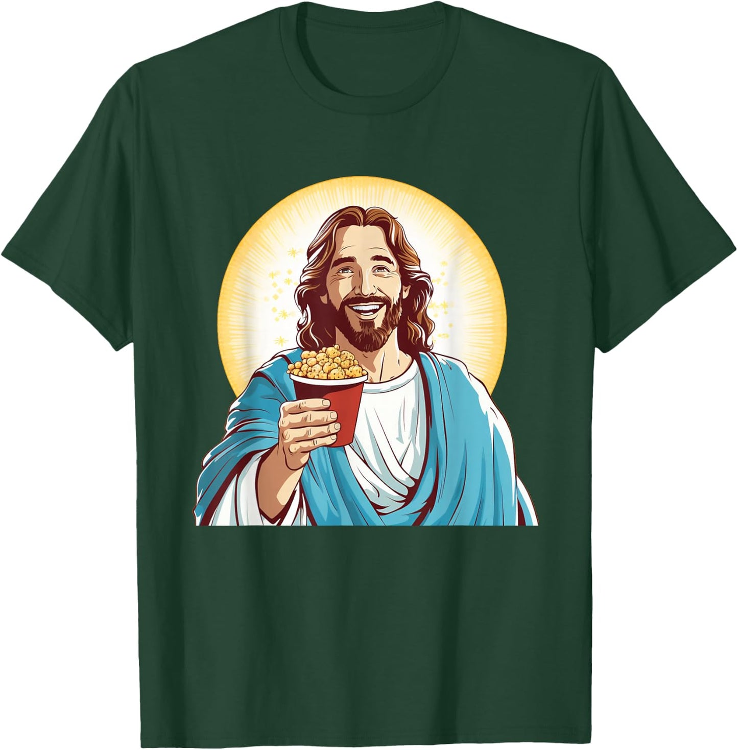 Funny Movie Night with Jesus and Popcorn Box Costume T-Shirt - T-Shirt | Forest