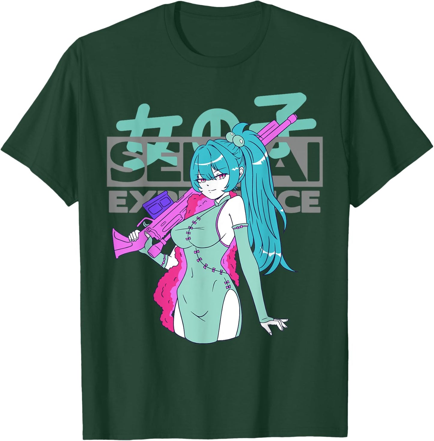 Sexy Waifu Anime Girl with Sniper Rifle and Blue Hair Senpai T-Shirt - T-Shirt | Forest