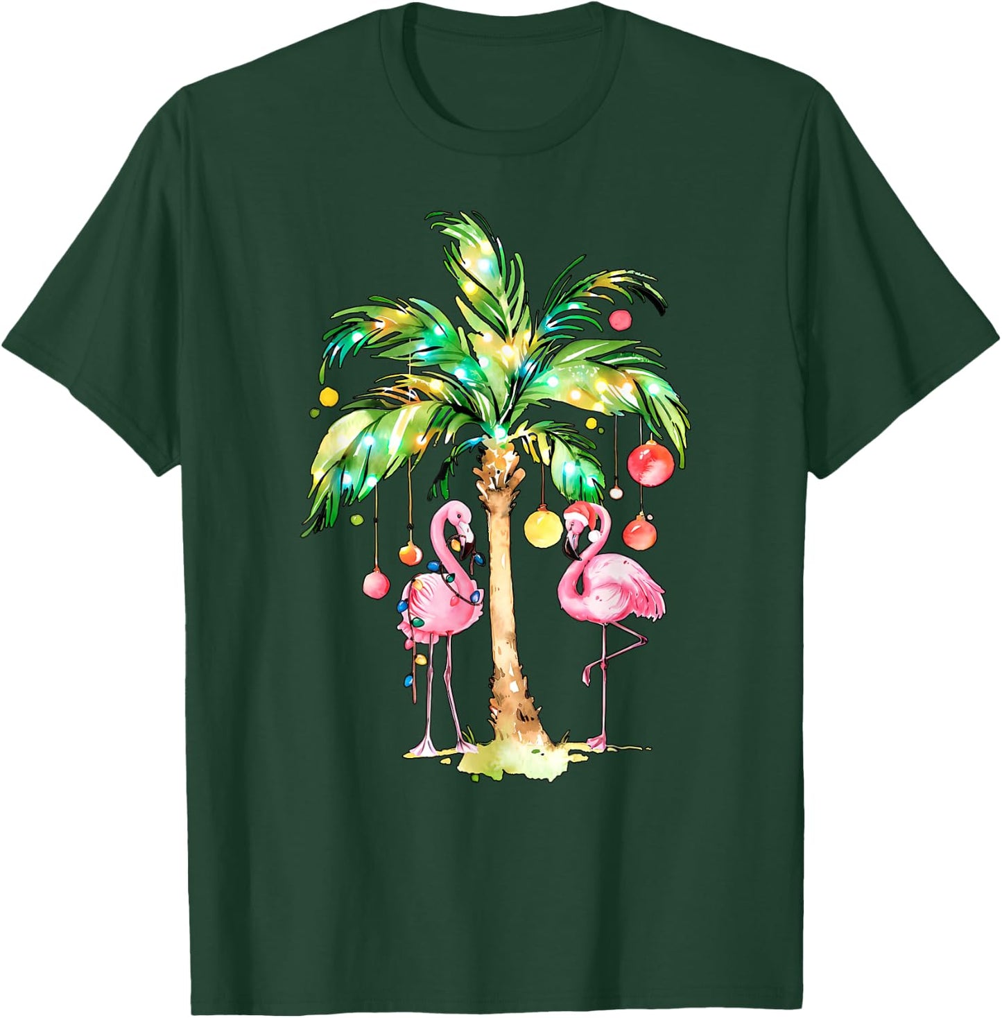 Pink Flamingo Christmas Palm Tree Tropical Xmas Holiday T-Shirt - T-Shirt | Forest
