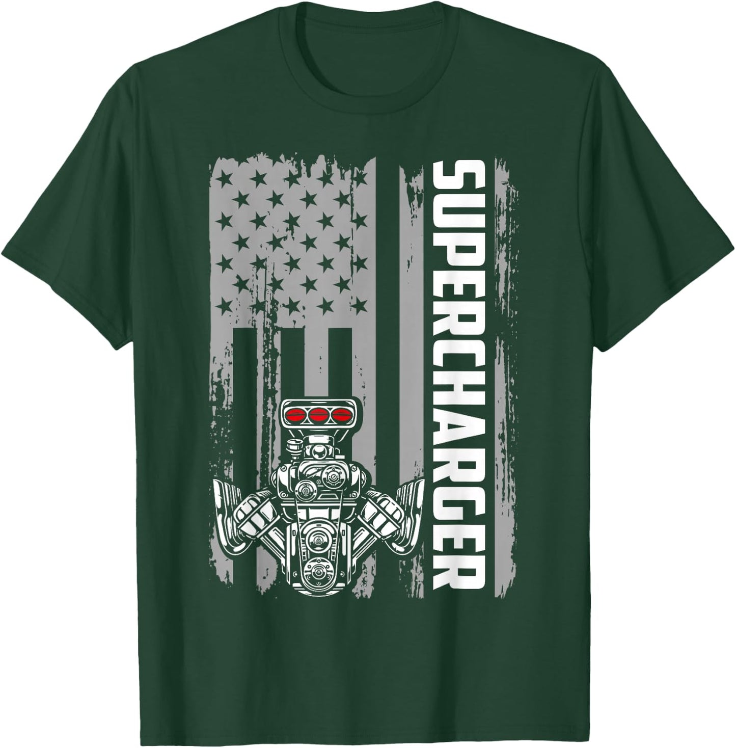 Supercharger Engine American Flag Muscle Car Racing Car Guy T-Shirt - T-Shirt | Forest