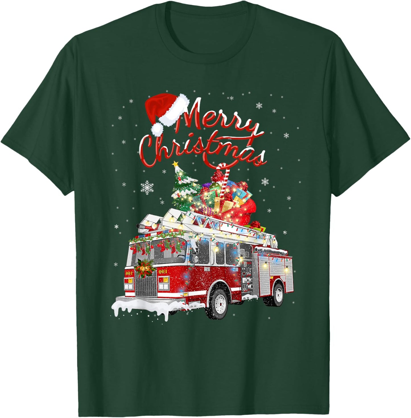 Firetruck Santa Sleigh Fireman Christmas Firefighter Xmas T-Shirt - T-Shirt | Forest