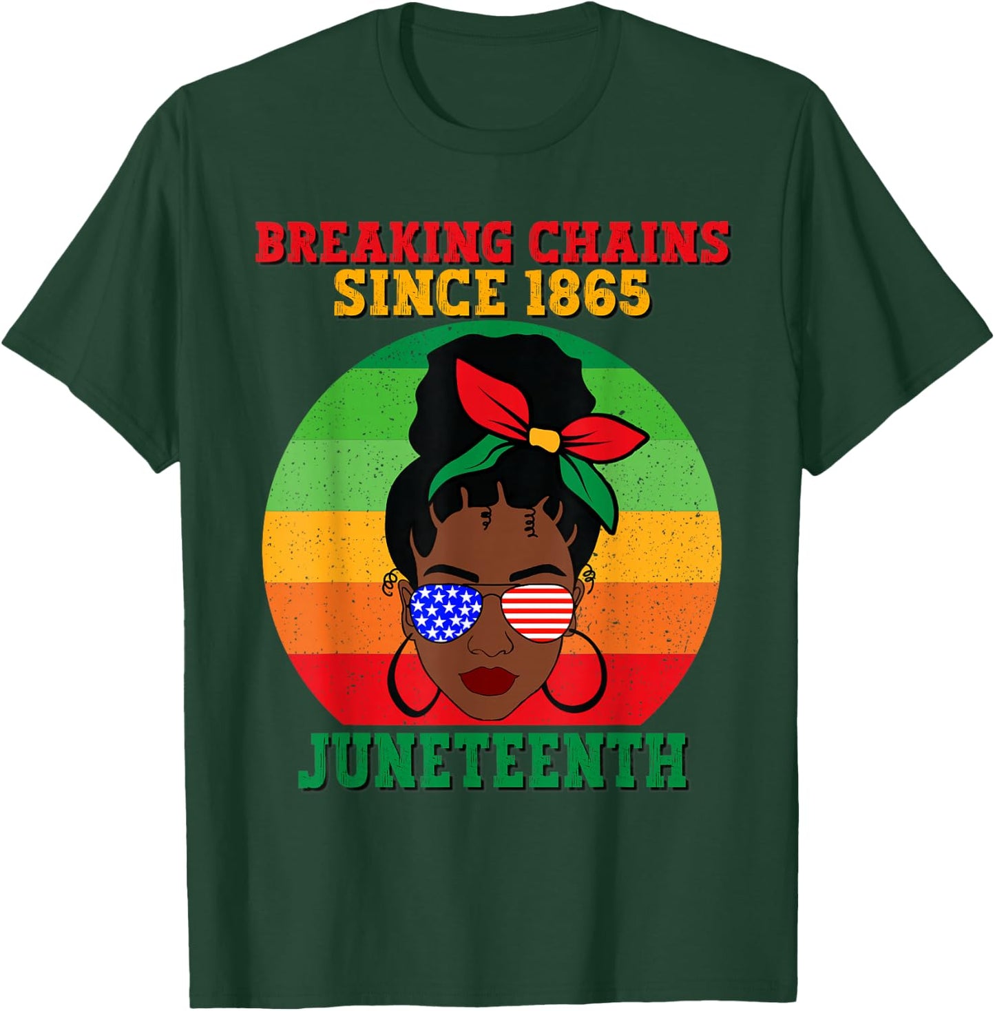 Messy Bun Juneteenth Breaking Chains Bandana Afro Sunglasses T-Shirt - T-Shirt | Forest