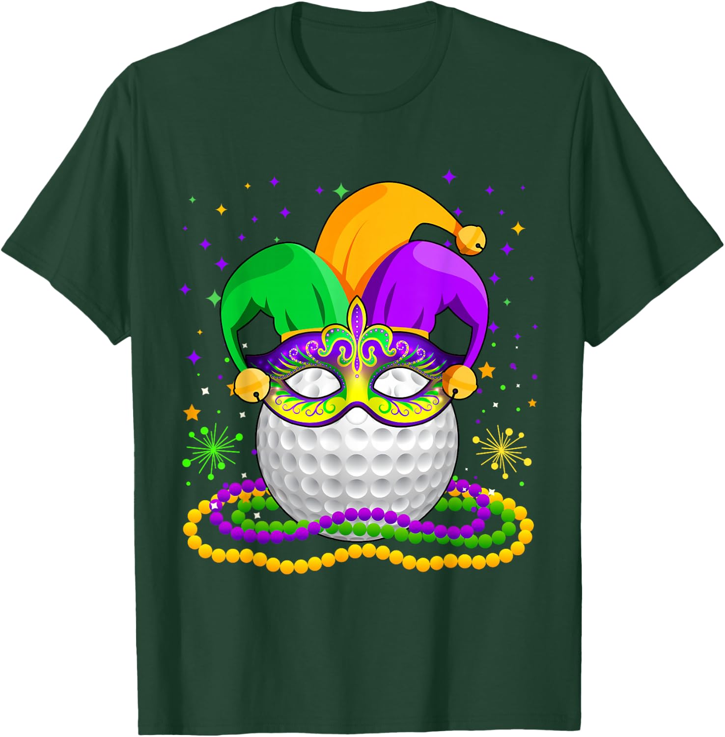 Golf Wearing Jester Hat Masked Beads Mardi Gras Player T-Shirt - T-Shirt | Forest