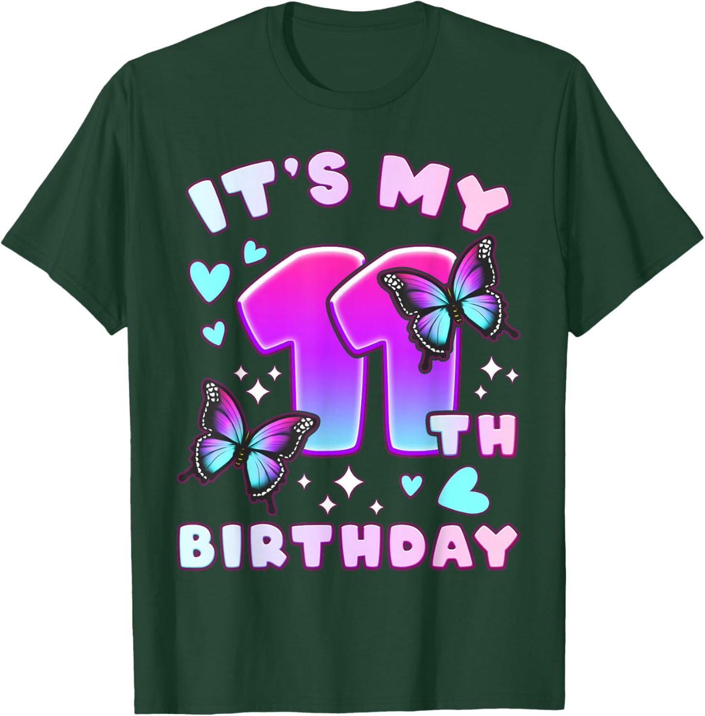 11th Birthday, Girl 11 Years, Butterflies and Number 11 T-Shirt - T-Shirt | Forest