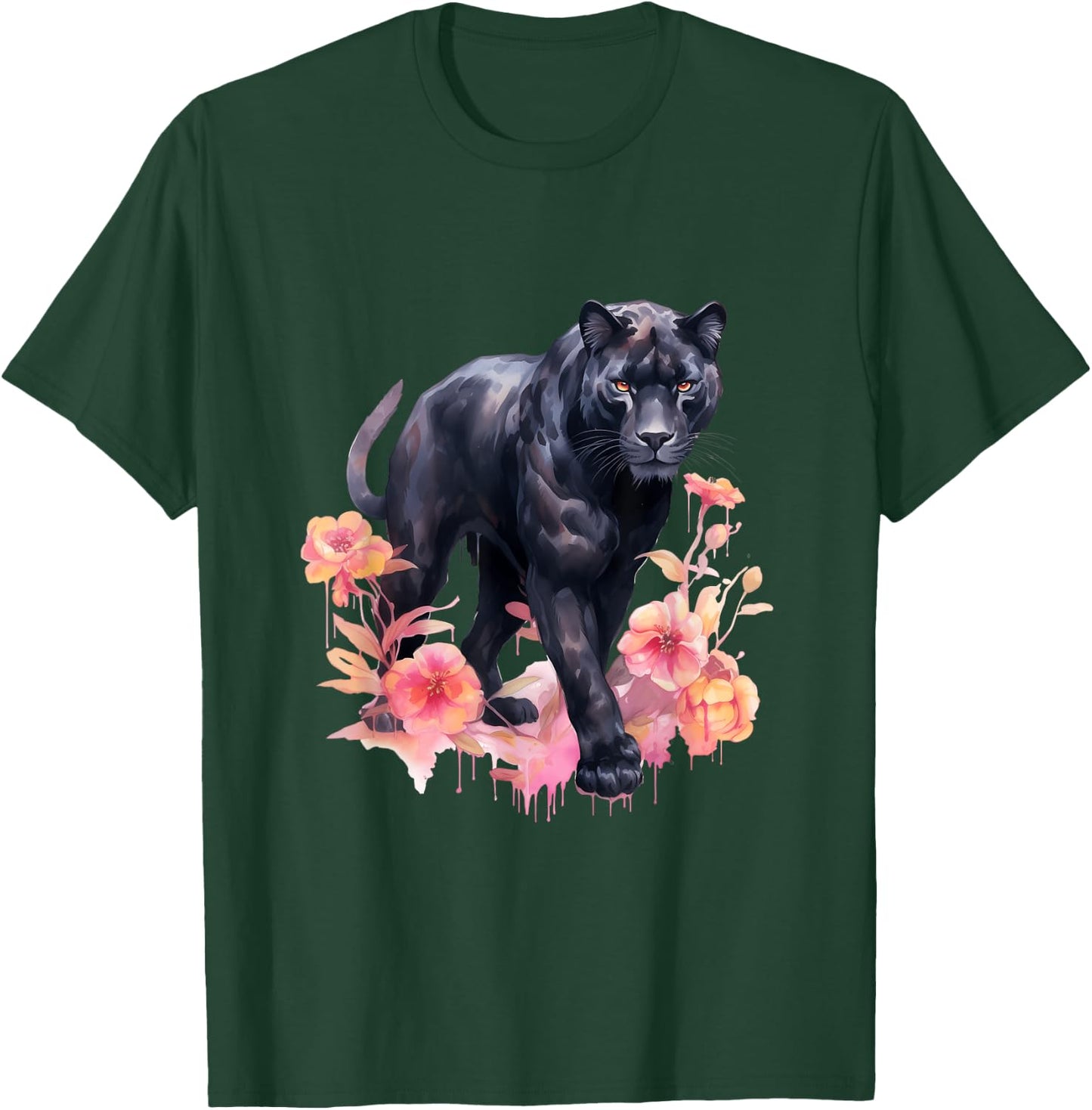Black Panther Cat Pastel Flowers Safari Watercolor Men Women Kids T-Shirt - T-Shirt | Forest