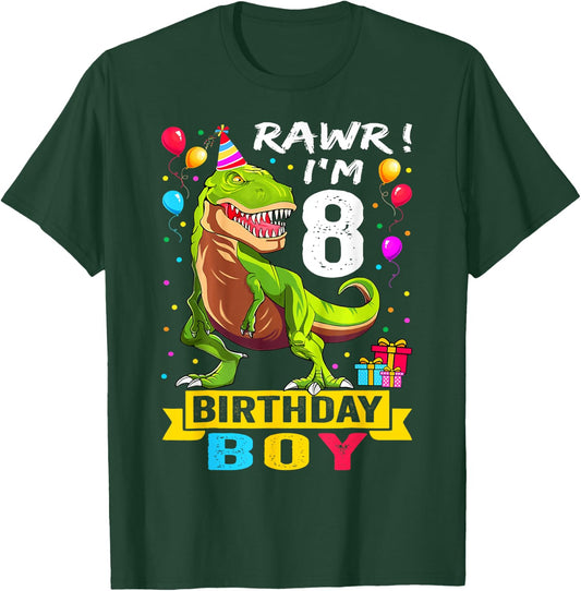 Kids 8 Year Old Shirt 8th Birthday Boy T Rex Dinosaur T-Shirt - T-Shirt | Forest