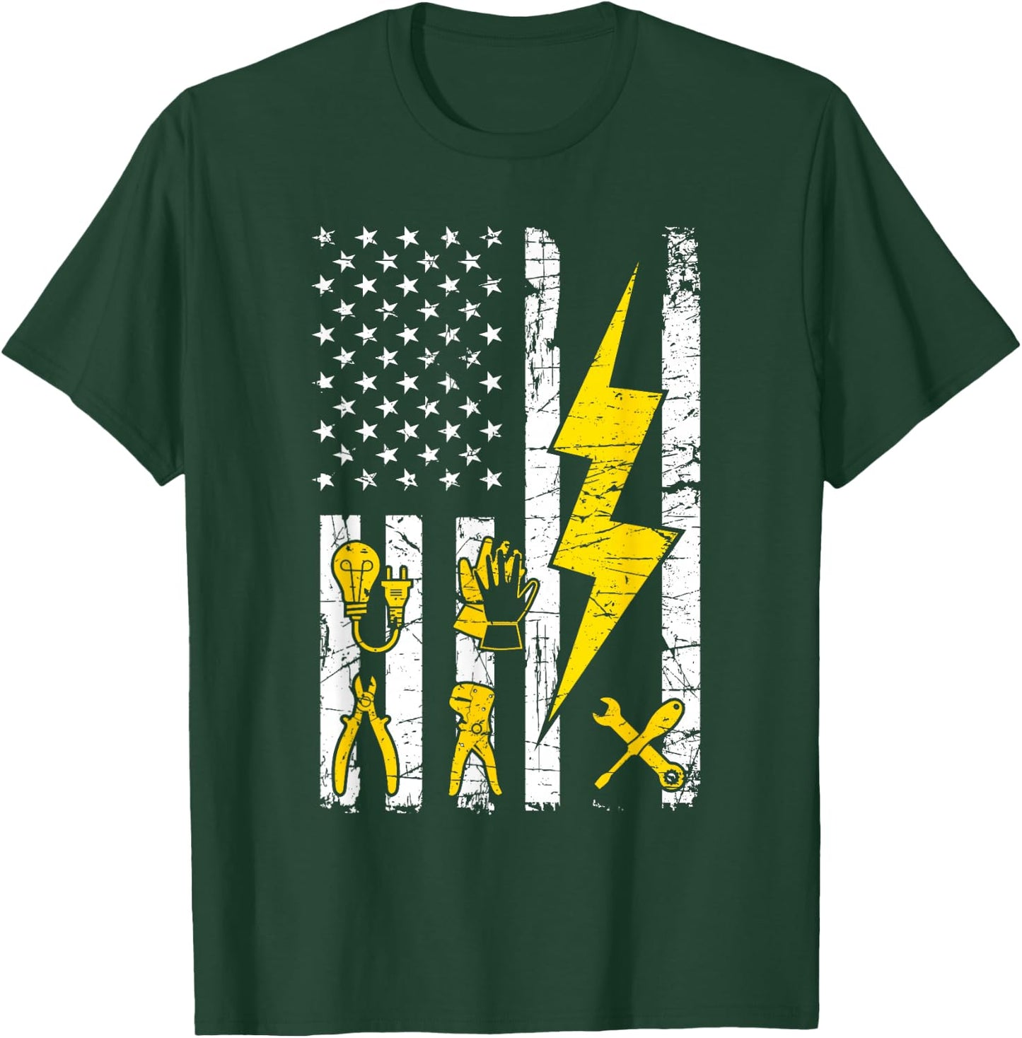 Tools - USA Flag Electrician Patriotic Lineman 4th July T-Shirt - T-Shirt | Forest