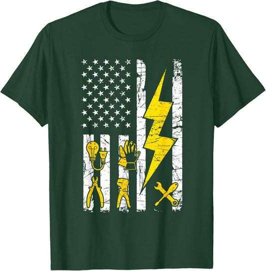 Tools - USA Flag Electrician Patriotic Lineman 4th July T-Shirt - T-Shirt | Forest