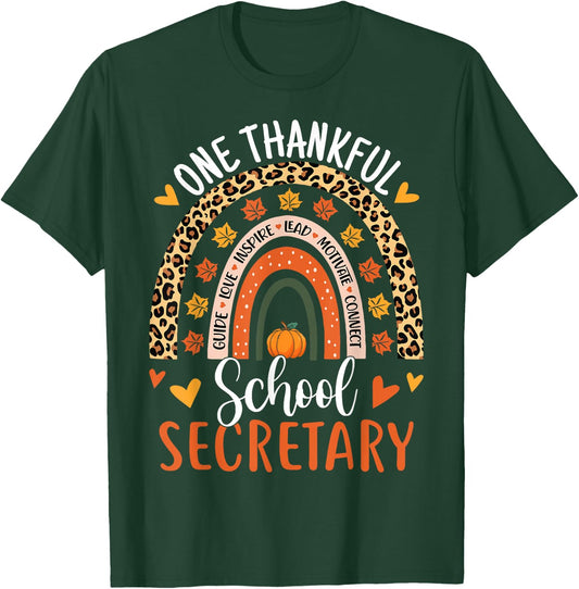 One Thankful School Secretary Thanksgiving Rainbow Leopard T-Shirt - T-Shirt | Forest