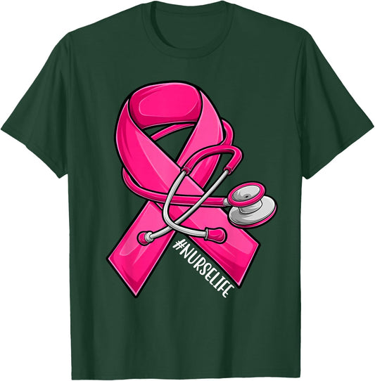 Pink Ribbon Stethoscope Nurse Life Breast Cancer Awareness T-Shirt - T-Shirt | Forest