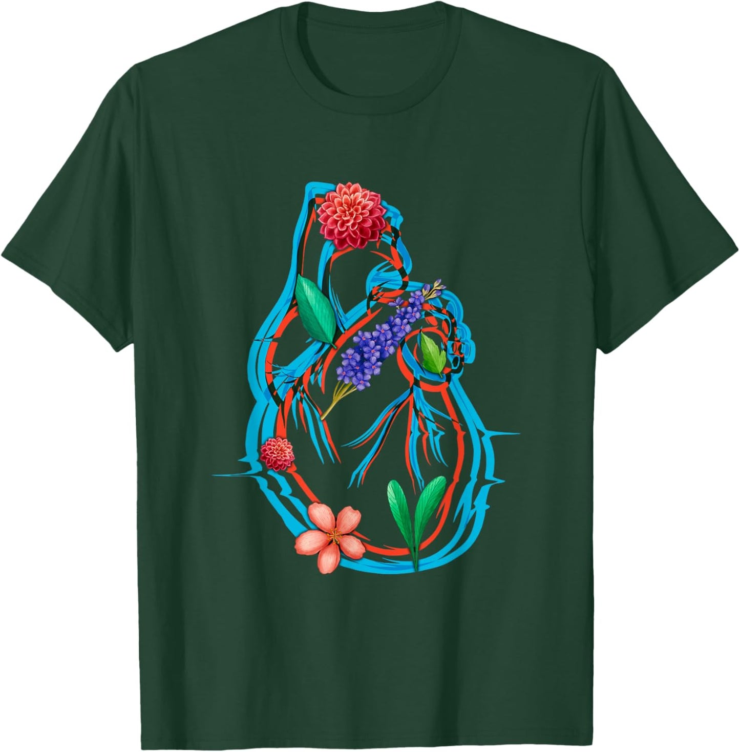 Anatomical Heart And Flowers Funny Men Women Cardiologist T-Shirt - T-Shirt | Forest