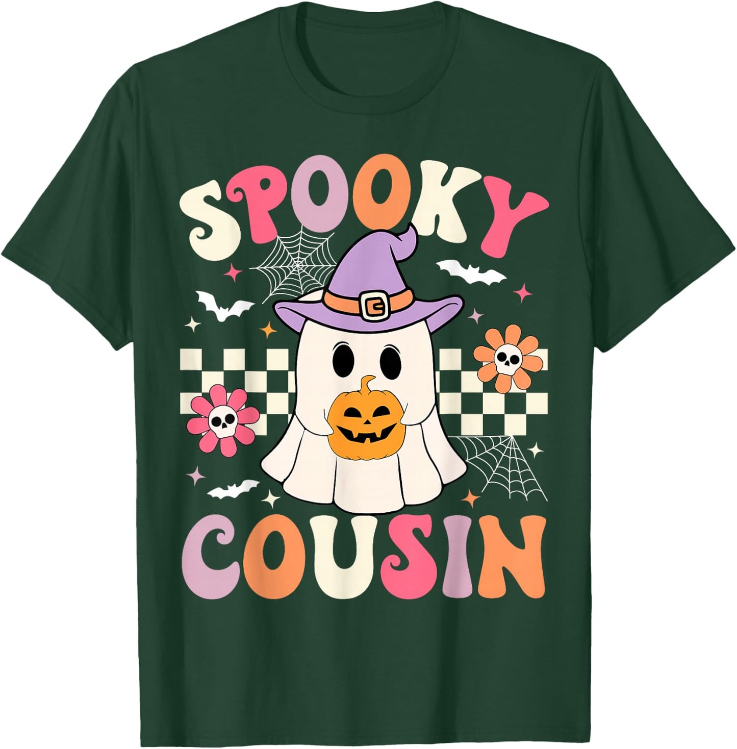 Groovy Spooky Cousin Retro Ghost Holding Pumpkin Halloween T-Shirt - T-Shirt | Forest