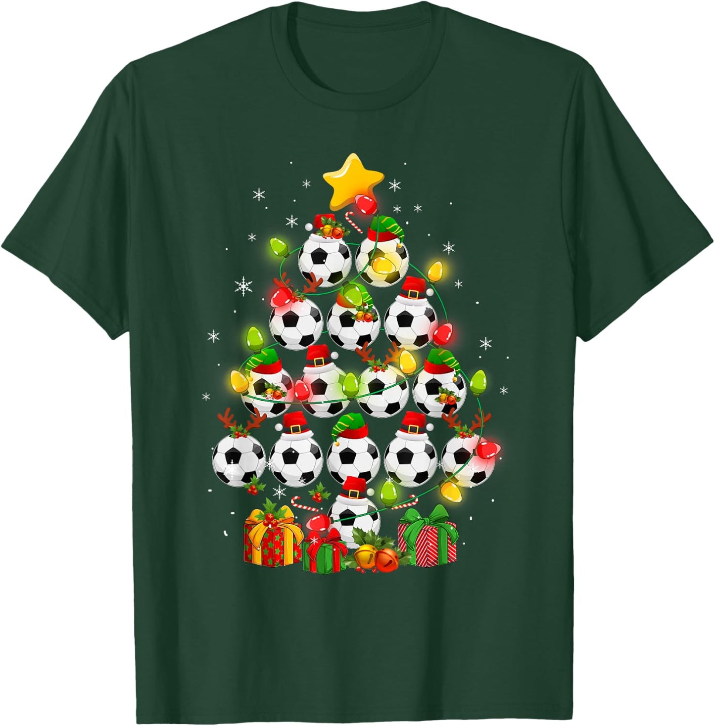 Soccer Balls Santa Elf Hat Christmas Tree Lights Ornaments T-Shirt - T-Shirt | Forest