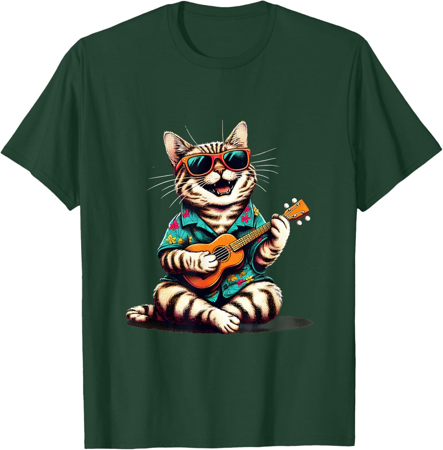Cat Wearing a Hawaiian Shirt, Playing a Ukulele T-Shirt - T-Shirt | Forest