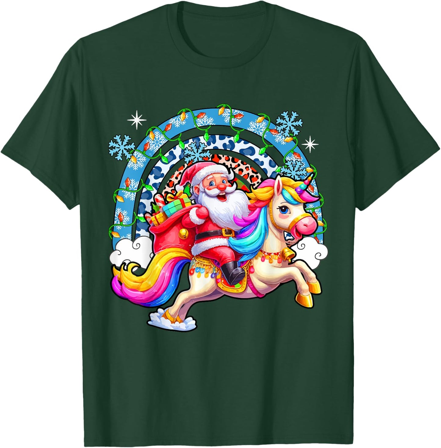 Santa Riding Colourful Unicorn Christmas Rainbow Xmas Lights T-Shirt - T-Shirt | Forest